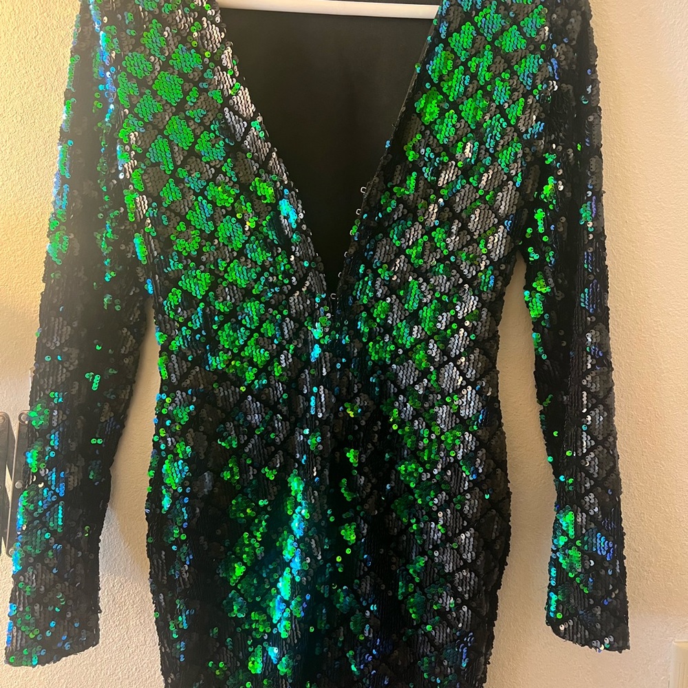 Sequin V-Neck Dress - Green and Black